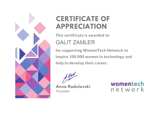 Certificate of appreciation for Galit Zamler from the Women Tech Network